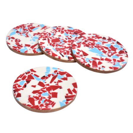 Red Round Wood and Resin Terrazzo Style Coasters In Set of 4